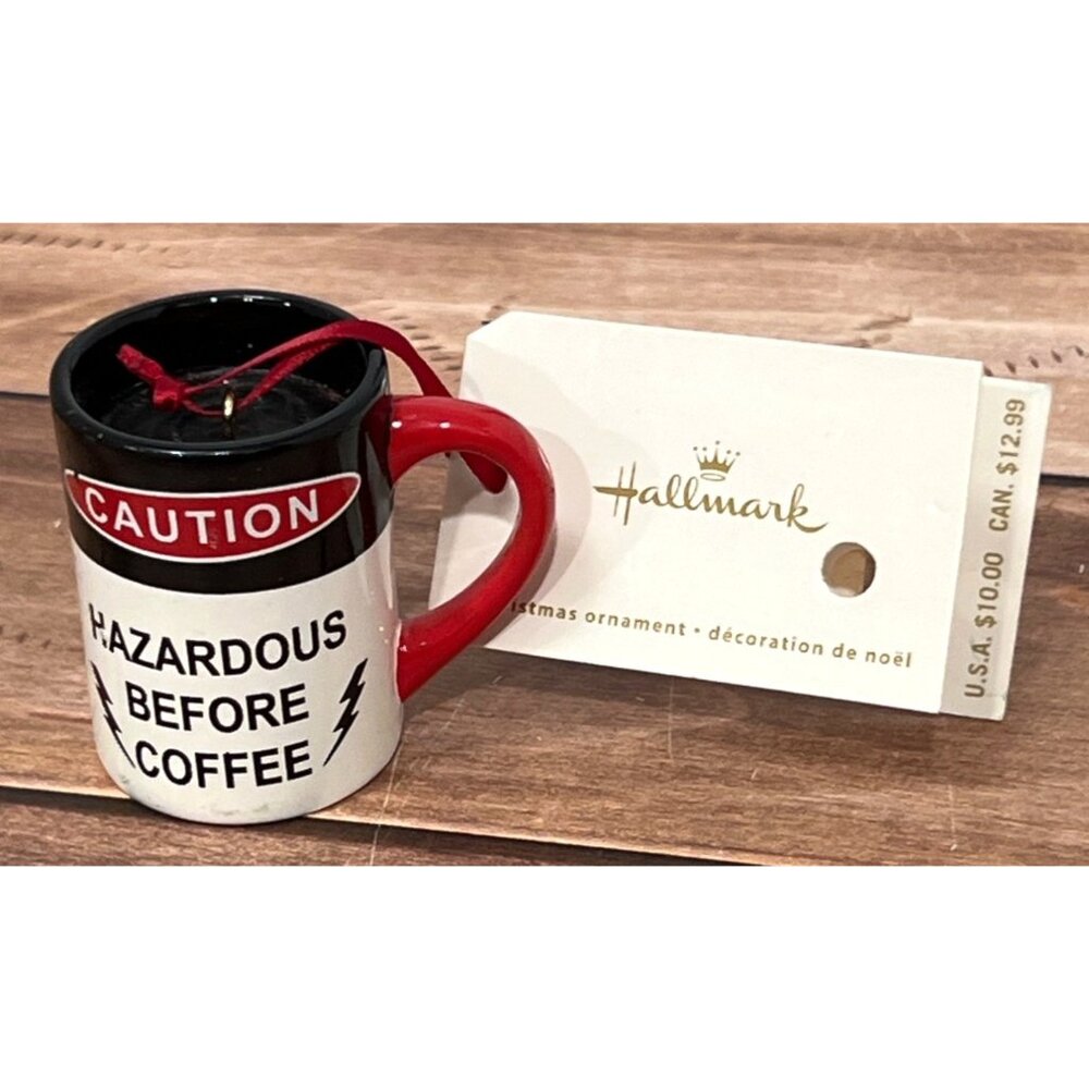 NWT 2008 HALLMARK KEEPSAKE ORNAMENT QBG8801 HAZARDOUS BEFORE COFFEE  GLITTER MUG